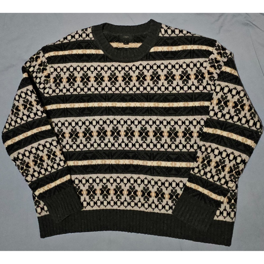 J Crew‎ Fair Isle Lambswool Crewneck Mens Grey/White Sweater Size Large